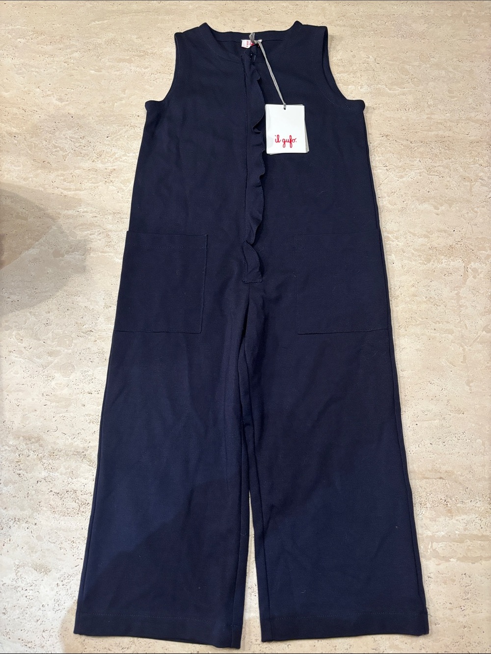 NWT il Gufo Navy Sleeveless Ruffle-Front Jumpsuit